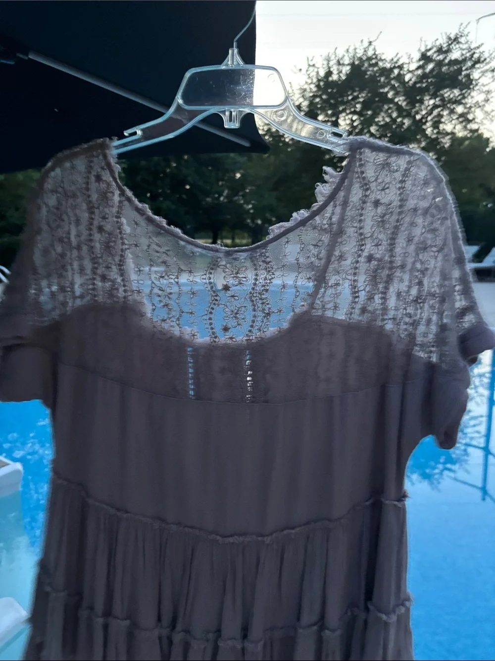 FP Gray Lavender Taupe Tiered Ruffle Lace Baby Doll Cap sleeve Tunic L XL fit